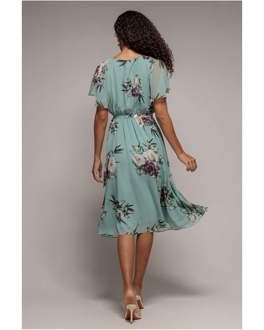 Goddiva Green Floral Flutter Sleeve Chiffon Midi Dress