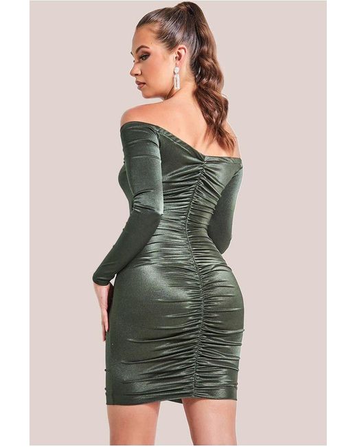 Goddiva Green Off The Shoulder Ruched Mini