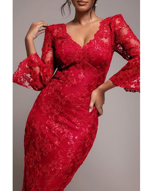 Goddiva Red Sequin Scallop Lace Midi Dress