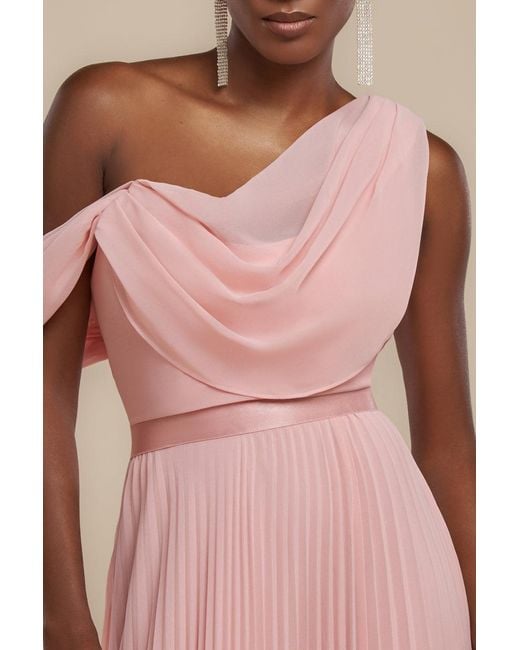 Goddiva Pink Cowl Neck One Shoulder A Line Chiffon Maxi Dress