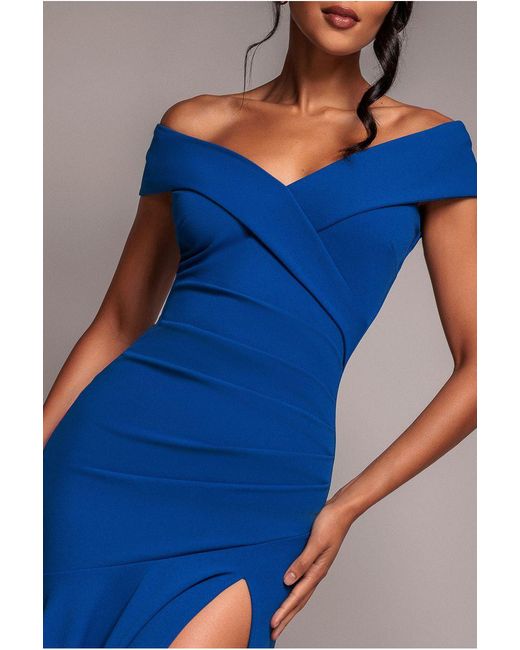Goddiva Blue Scuba Crepe Off Shoulder Front Split Maxi Dress