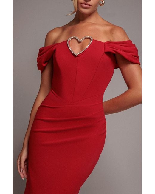 Goddiva Red Diamante Heart Trim Evening Maxi Dress