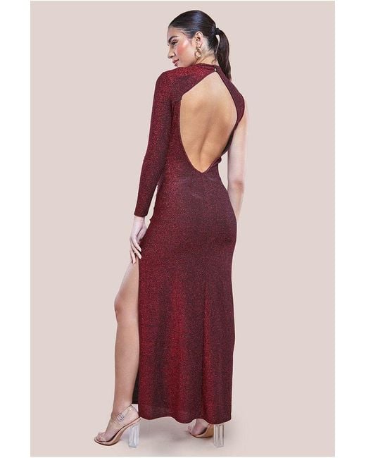 Goddiva Red Open Lurex Back One Sleeve Maxi Dress