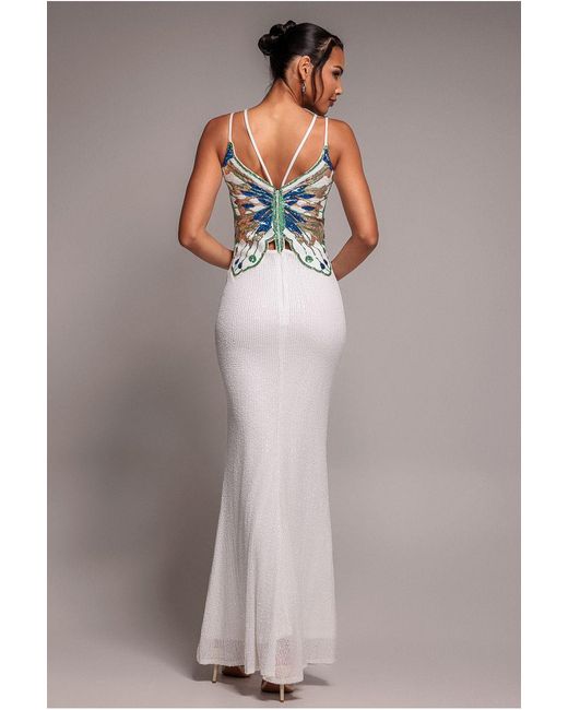 Goddiva Natural Sequin Butterfly Front Split Maxi Dress