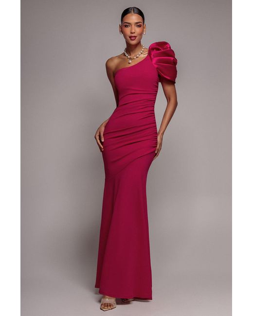 Goddiva Red One Shoulder Puffed Satin Sleeve Evening Maxi Dress