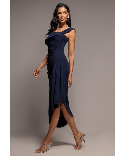 Goddiva Blue Off Shoulder Pleated Waist Asymmetric Midaxi Dress
