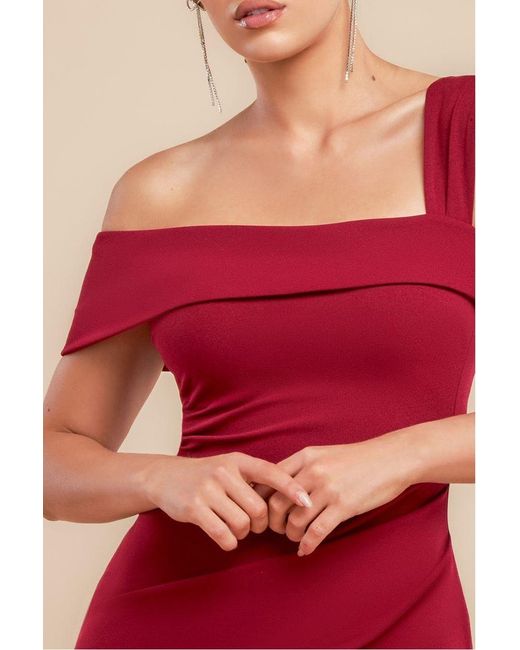 Goddiva Red Off The Shoulder Pleated Waist Maxi Dress