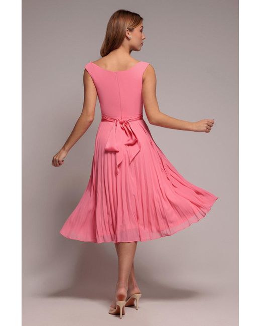 Goddiva Red Cowl Neck Pleated A-Line Chiffon Midi Dress