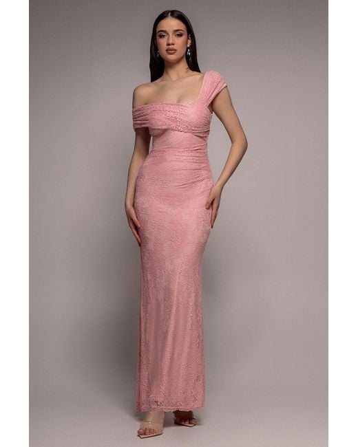 Goddiva Pink One Shoulder Pleated Bardot Lace Maxi Dress
