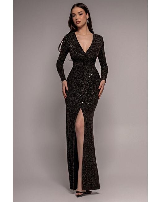 Goddiva Black Sequin Glitter Lurex Long Sleeve Wrap Maxi Dress