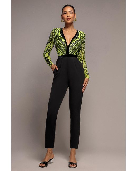 Goddiva Multicolor Deep V Neck Sequin Embroidered Jumpsuit