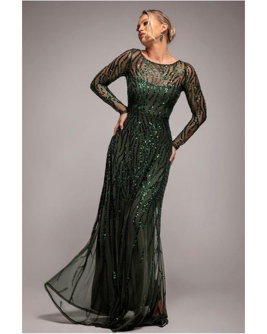 Goddiva Multicolor Ombre Sequin Beaded Flared Long Sleeve Maxi Dress