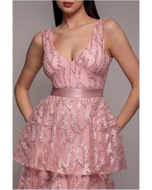 Goddiva Pink Embroidered Mesh Tiered Midi Dress
