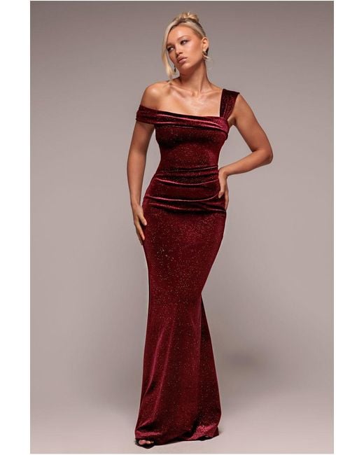 Goddiva Red Glitter Polka Dot Velvet One Shoulder Maxi Dress