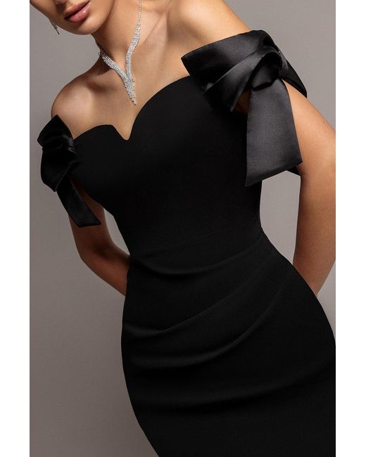 Goddiva Black Satin Bow Bardot Sheath Maxi Dress