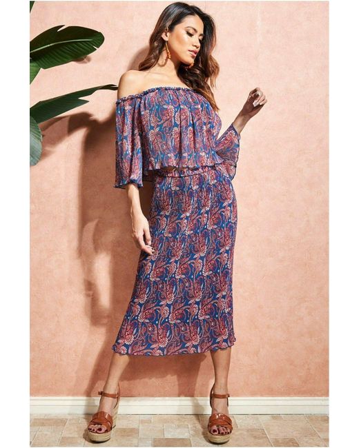 City Goddess Blue Printed Shirred Midi Skirt