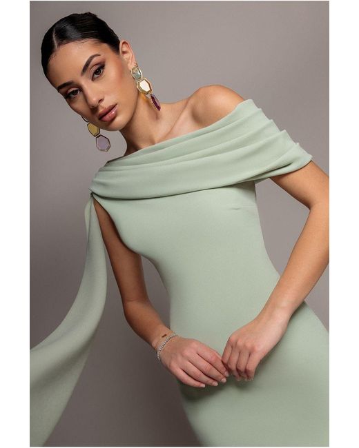 Goddiva Gray Sash One Shoulder Bardot Maxi Dress