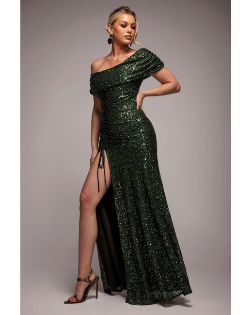 Goddiva Women's Off The Shoulder Sequin Cowl Drawstring Maxi Dress Goddiva Women's Off The Shoulder Sequin Cowl Drawstring Maxi Dress