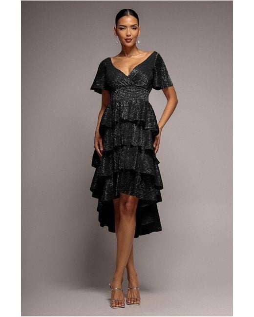 Goddiva Black Crinkle Lurex High Low Layered Midi Dress