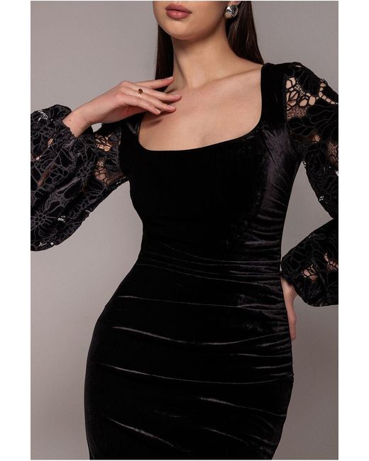 Goddiva Black Square Neck Scalloped Crochet Sleeve Velvet Midi Dress