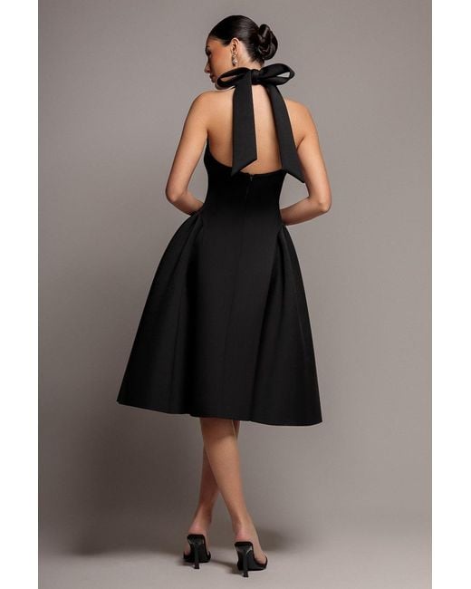 Goddiva Black Corset Fit And Flare Halter Neck Midi Dress