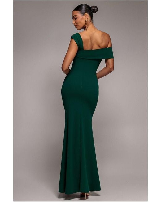 Goddiva Green Off The Shoulder Pleated Waist Maxi Dress