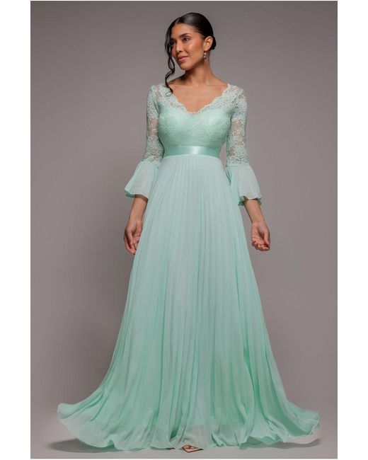Goddiva Green Scalloped Lace Bodice Pleated Chiffon A Line Maxi Dress