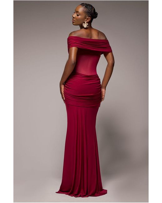 Goddiva Gathered Off The Shoulder Mesh Waist Panel Maxi Dress