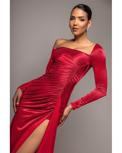 Goddiva Red Slinky Satin One Shoulder Split Maxi Dress