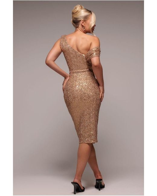 Goddiva Natural Sequin Cowl One Shoulder Midi Dress