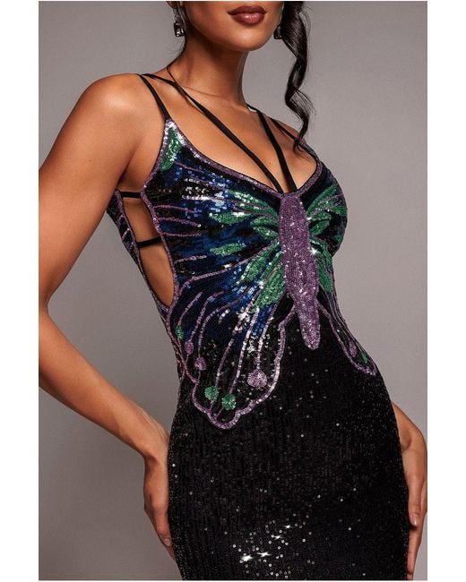 Goddiva Blue Sequin Butterfly Front Split Maxi Dress
