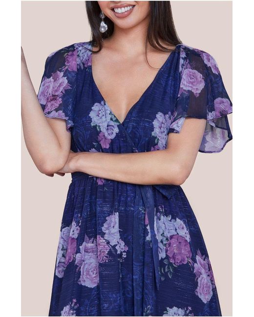 Goddiva Blue Printed Lurex A Line Flutter Sleeve Midi Dress