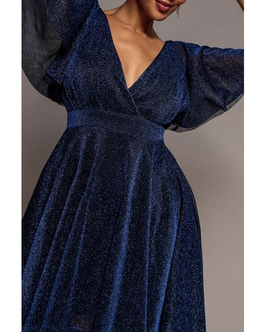 Goddiva Blue Sparkle Lurex Wrap Mini Skater Dress