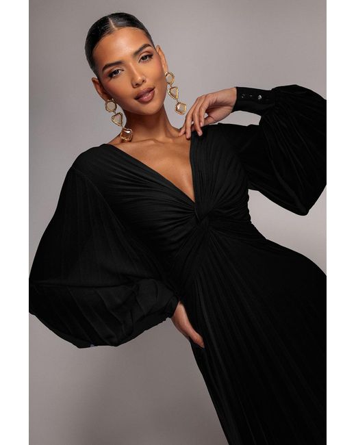 Goddiva Black Fully Pleated Chiffon Maxi Dress