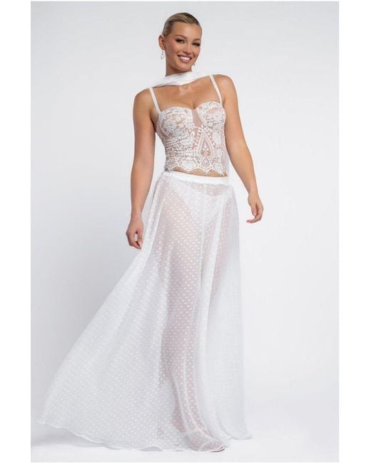 Goddiva White Embroidered Lace Corset Polka Dobby Chiffon A-Line Maxi Skirt With Scarf & Gloves