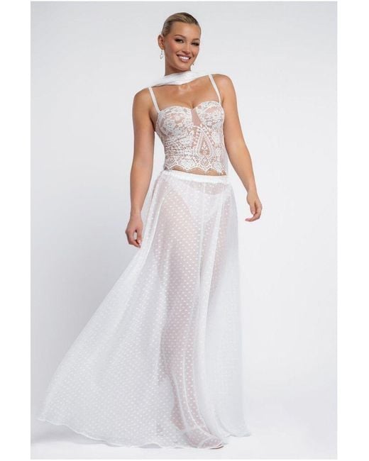 Goddiva White Embroidered Lace Corset Polka Dobby Chiffon A-Line Maxi Skirt With Scarf & Gloves