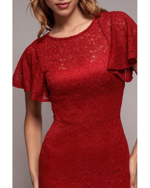Goddiva Red Flutter Sleeve Lace A-Line Maxi Dress