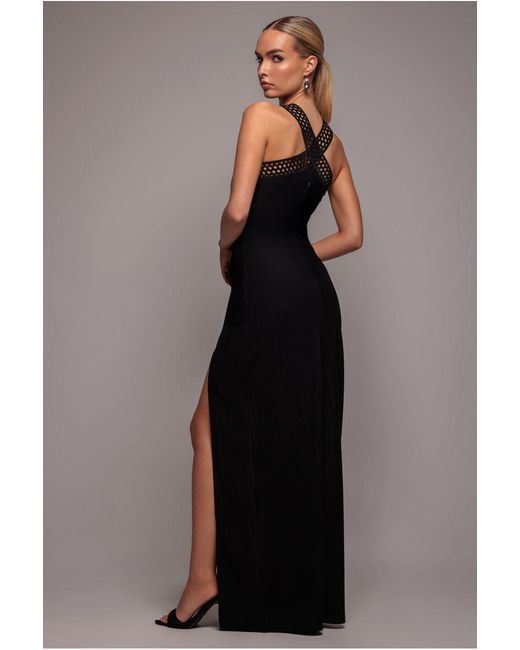 Goddiva Blue Ribbed Criss Cross Halter Neck Maxi Dress With Thigh Split