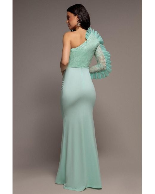 Goddiva Blue One Shoulder Organza Fan Detail Lace Bodice Maxi Dress