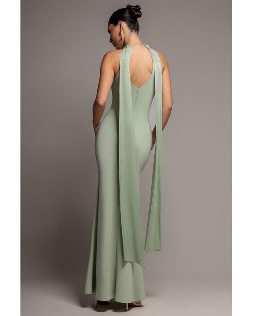 Goddiva Gray Scuba & Soft Satin Halterneck Maxi Dress With Back Sash