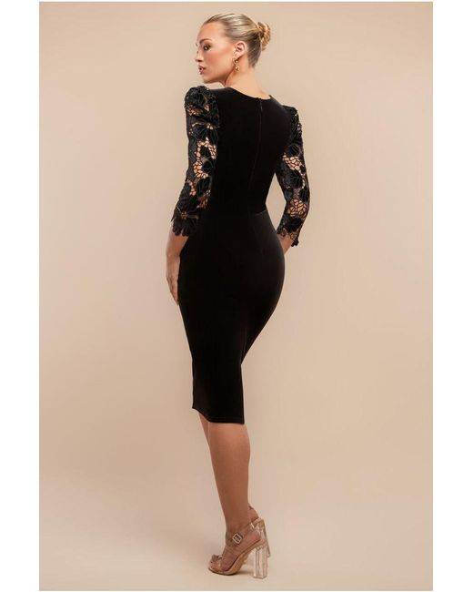 Goddiva Black Scalloped Crochet & Velvet Midi Dress