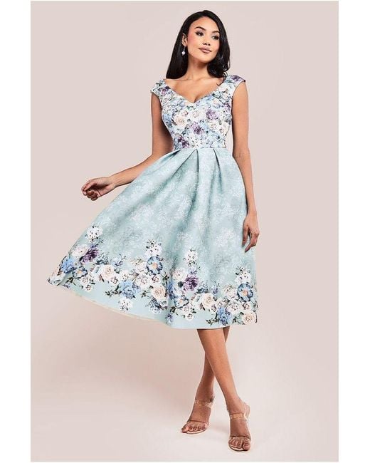 Goddiva Blue Sweetheart Floral Midi Dress