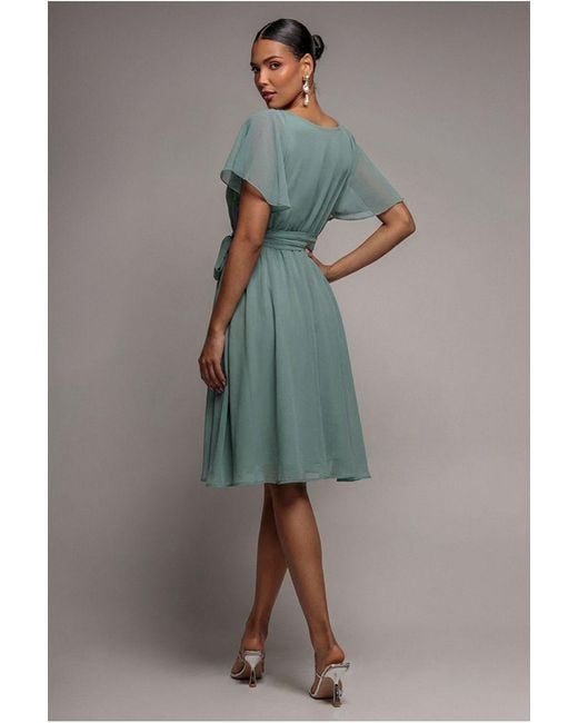 Goddiva Blue Sustainable Flutter Sleeve Chiffon Wrap Midi Dress