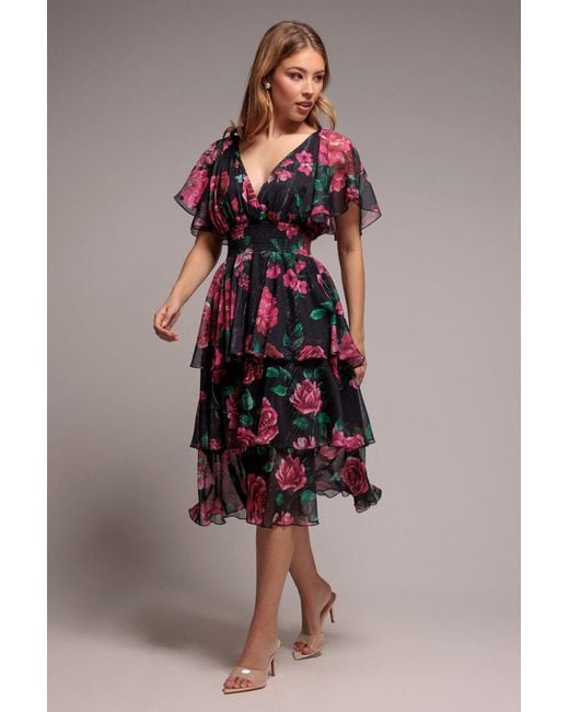 Goddiva Pink Layered Floral Midi Flutter Sleeves