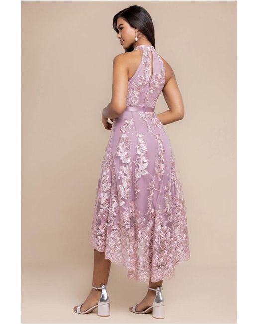 Goddiva Purple Halter Neck Lace High And Low Dress