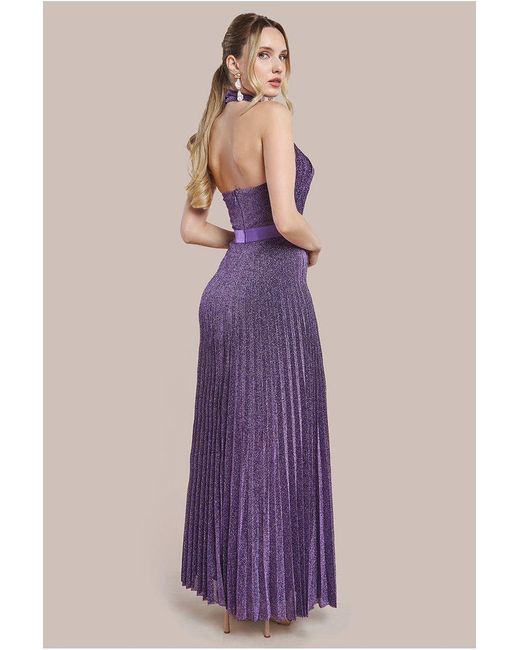Goddiva Purple Lurex Halterneck Pleated Maxi Dress