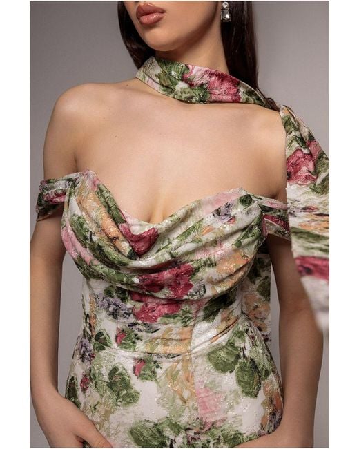 Goddiva Black Cowl Neck Floral Print Jacquard Chiffon Tiered Midi Dress