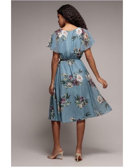 Goddiva Blue Floral Printed Flutter Sleeve Chiffon Midi Dress