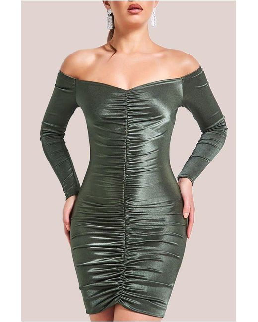 Goddiva Green Off The Shoulder Ruched Mini