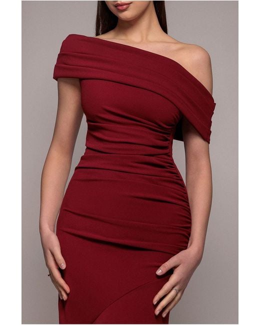 Goddiva Red Pleated One Shoulder Bardot Fit And Flare Maxi Dress